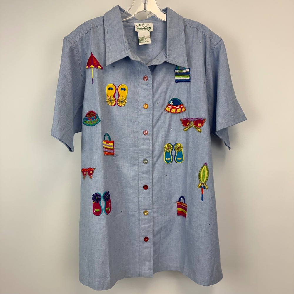 Quacker Factory Blue Cotton Beach Embroidered Button Down‎ Shirt XL Rhinestones